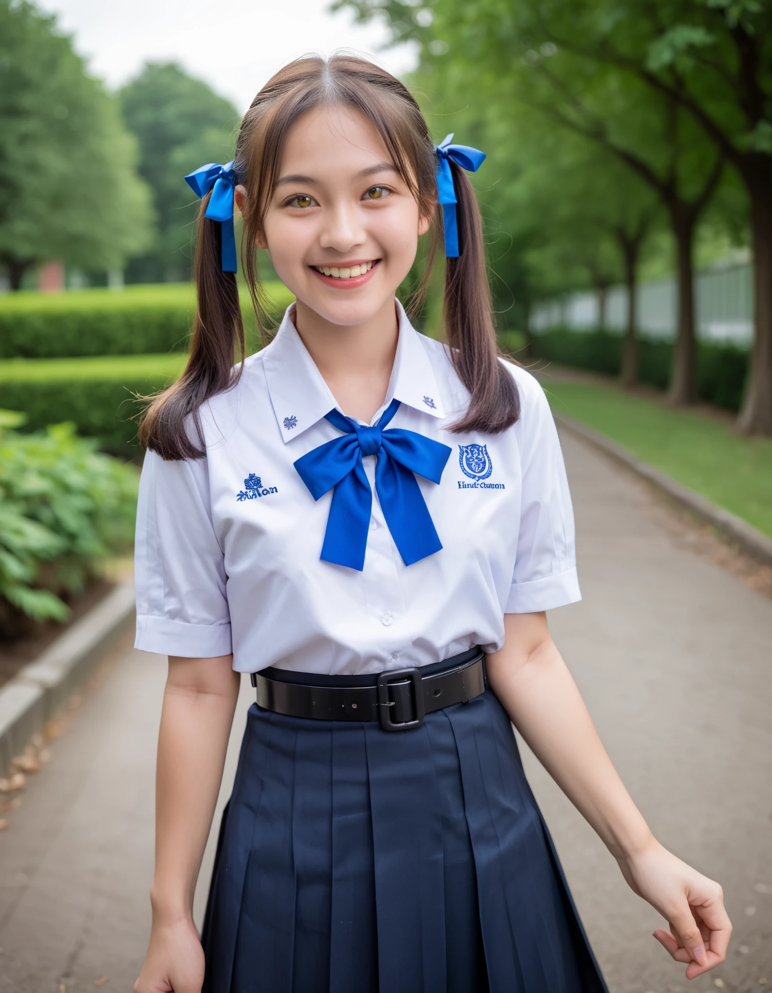 Masterpiece, hd, best quality, realistic, 1girl, brown hair, twintails, hair ribbon, yellow eyes, smile, happy, ribbon,Thai school uniform, wearing white collared shirt, short sleeves, blue neck ribbon, belt, dark blue pleated skirt, white socks, standing, outdoor, park