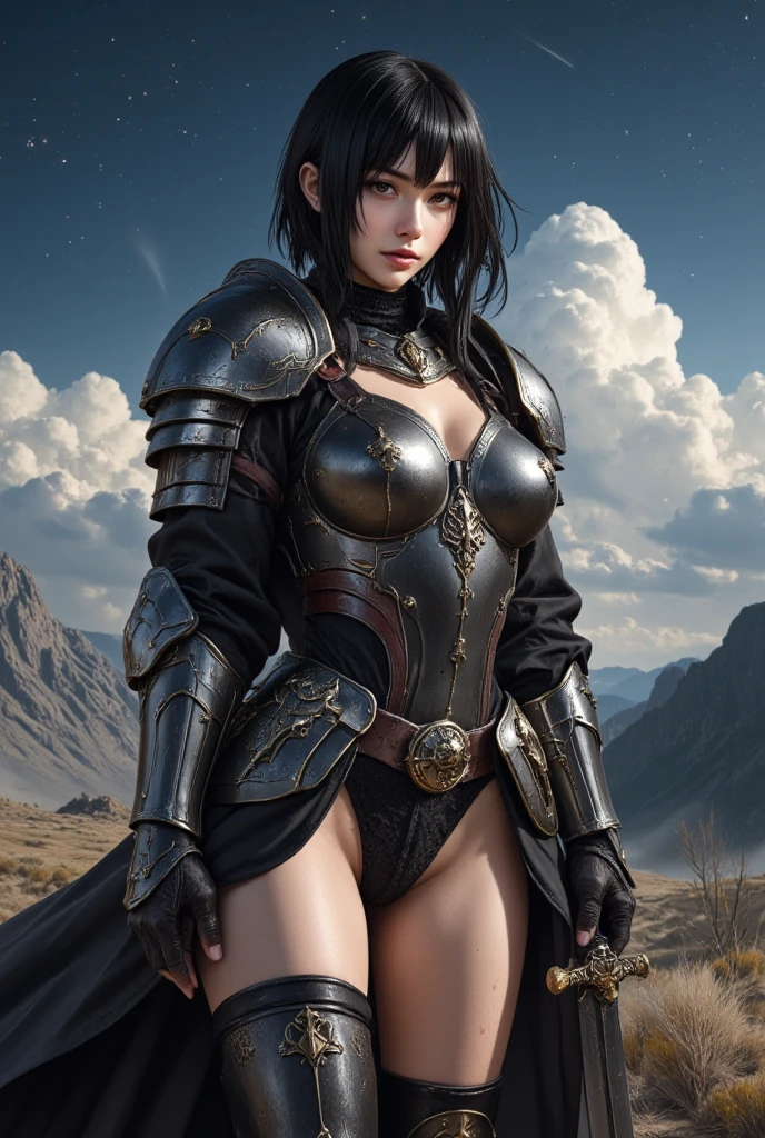 ((Best quality)), ((masterpiece)), (detailed), high detail, sitting on a stone with legs spread, gloomy colors, perfect face, European face, girl with black hair, naked, realistic body, reflective steel armor, Dark fantasy