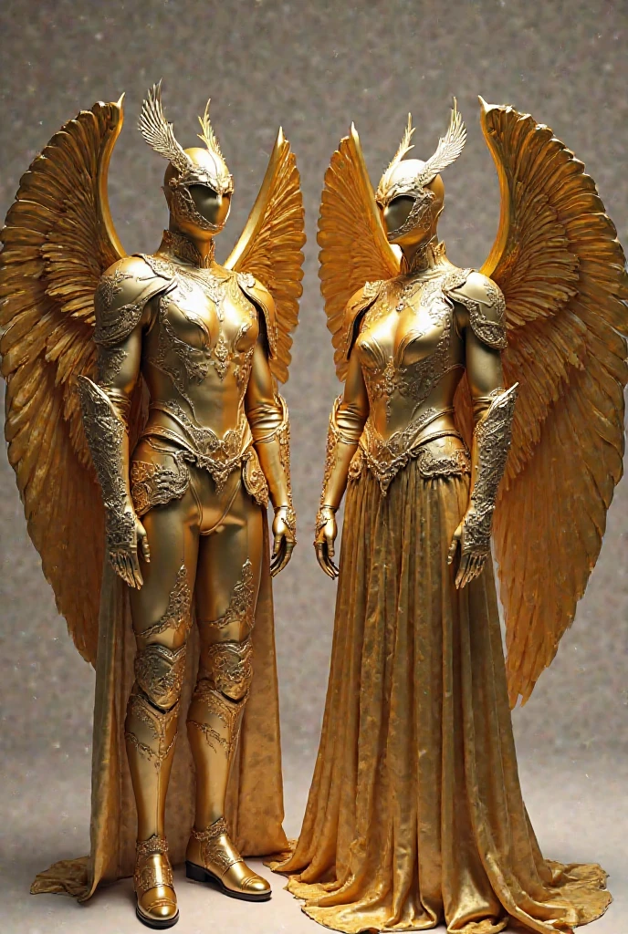 In appearance they were man-shaped., but each of them had four faces and four wings. His legs were straight; His feet were like those of a calf and gleamed like polished bronze.. Under your wings, on four sides, they had human hands. The four had faces and wings, and their wings touched each other.
