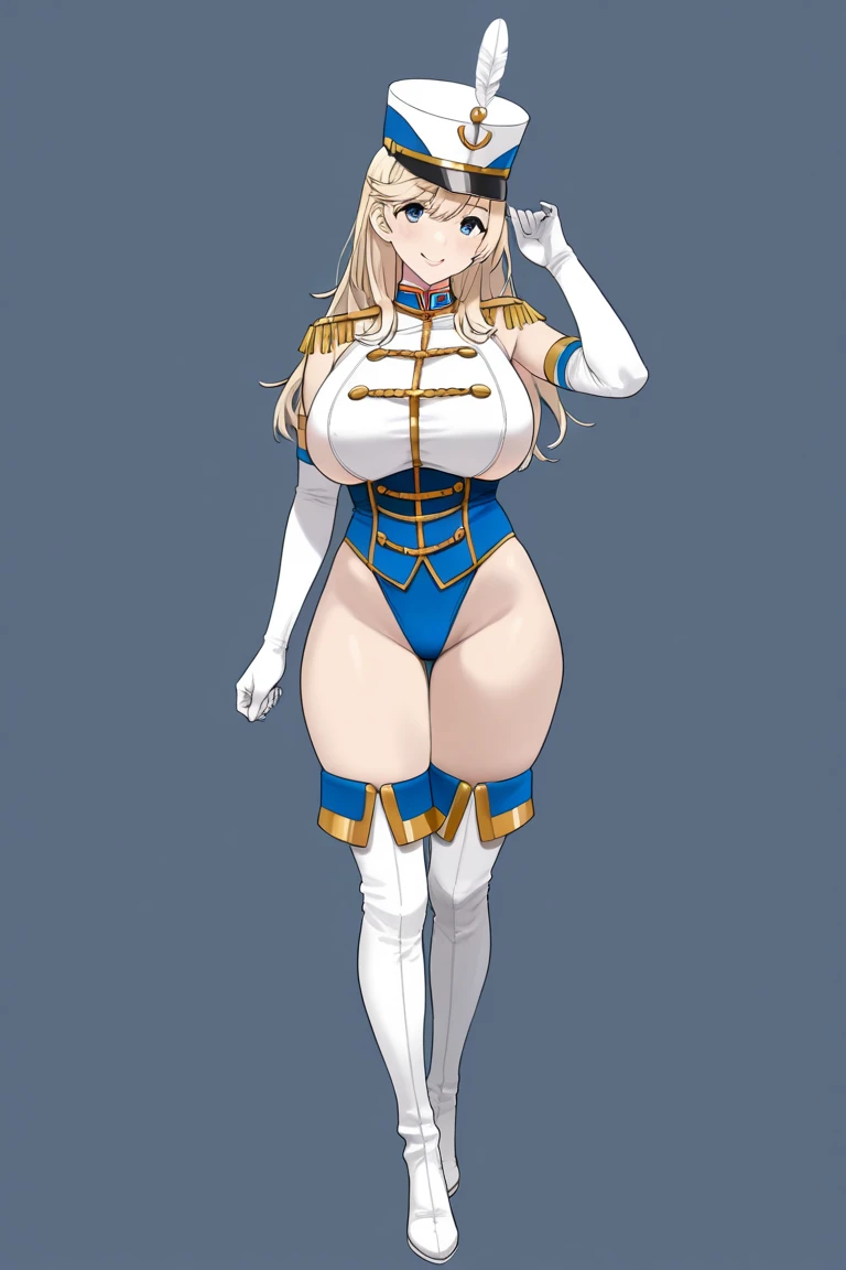 full body standing straight symmetrical, huge boob(masterpiece, best quality:1.2), cowboy shot, solo, 1MILF, mmplatz, smile, looking at viewer, hands on hips, twintails, twin drills, dress, blue pantyhose, striped pantyhose, Handcuffs on their hands, With a collar around the neck