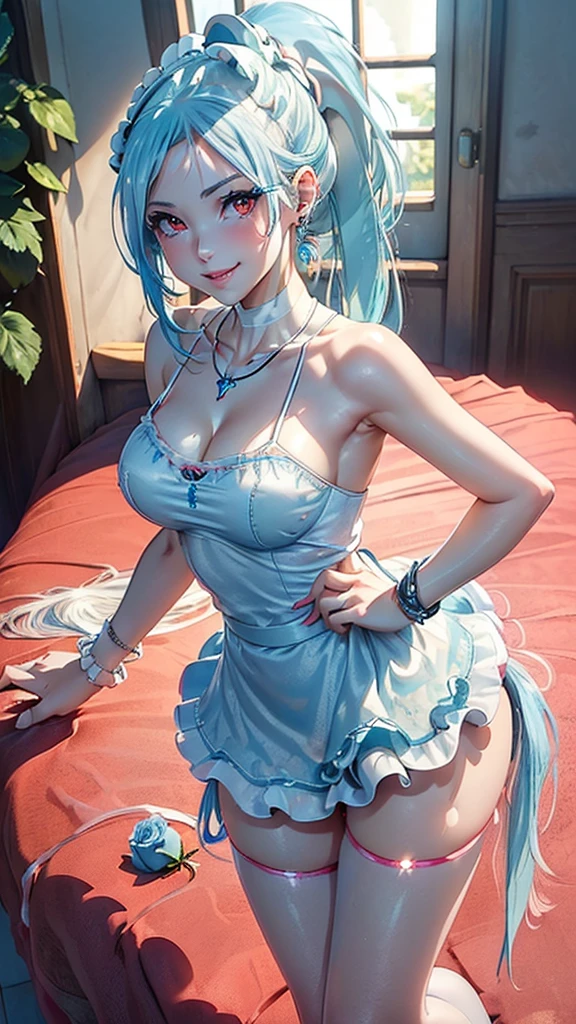 (Bulma from dragon ball), wears a headband, red lips, big breasts, big thighs. (she is wearing a white nightgown, very short, very transparent, very small, very wet, her butt can be seen), no bra, no panties, (low-cut nightgown, cleavage), (she is wearing flip-flops, her feet can be seen, perfect feet), on all fours, opening their mouths, sticking out their tongues lasciviously, in the garden at dusk