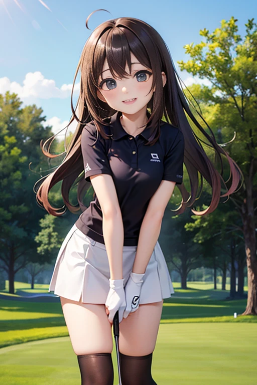 anime, long hair, sporty style, best quality, slender figure, golf course, short skirt, hyperdetails, sky, perfect body,