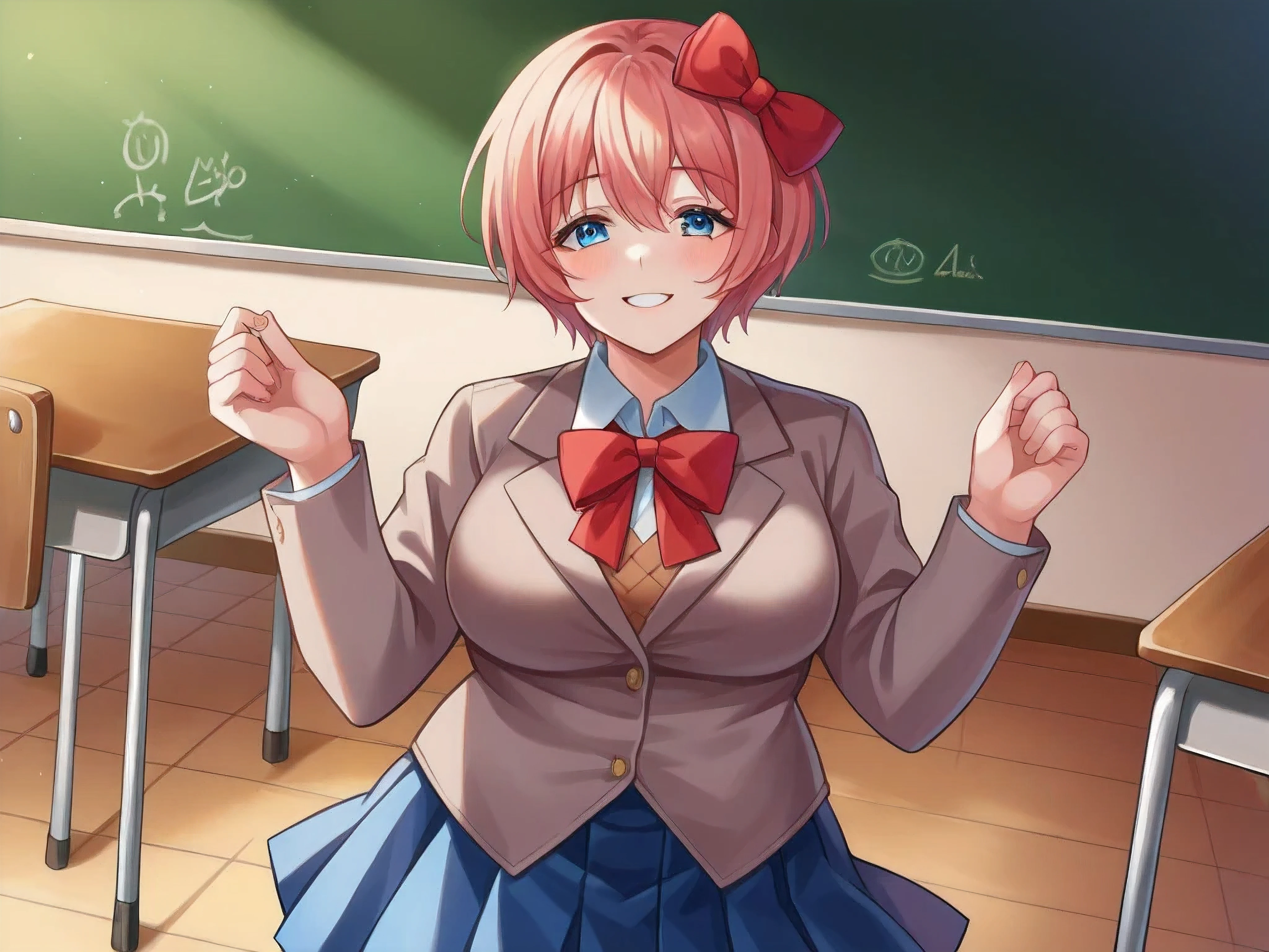 score_9, score_6_up, source_anime, 1girl, solo, cenário meta futurista, cabelo chanel detalhado cowboy shot, *, blazer, collared shirt, blue skirt, light smile, classroom sayori, blue eyes, short hair, red bow, yandere version, com raiva, chubby mid size, fofa mas perigosa.