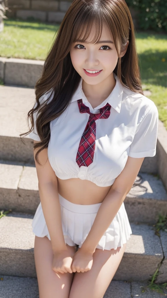 ung girl, laugh shyly, (highly detailed eyes, highly detailed hair, highly detailed face), extremely detailed CG unified 8k wallpaper, Highly detailed, High-definition raw color photos, Professional Photography, Realistic portrait, Cinematic Light, Bangs, (Beautiful breasts), (High school uniform with wide open breasts:1.1), (Pleated mini skirt:1.2), (no panties:1.3), outdoors, lush park, sitting, bench, spread legs wide open, (((Bokeh))), depth of fields,