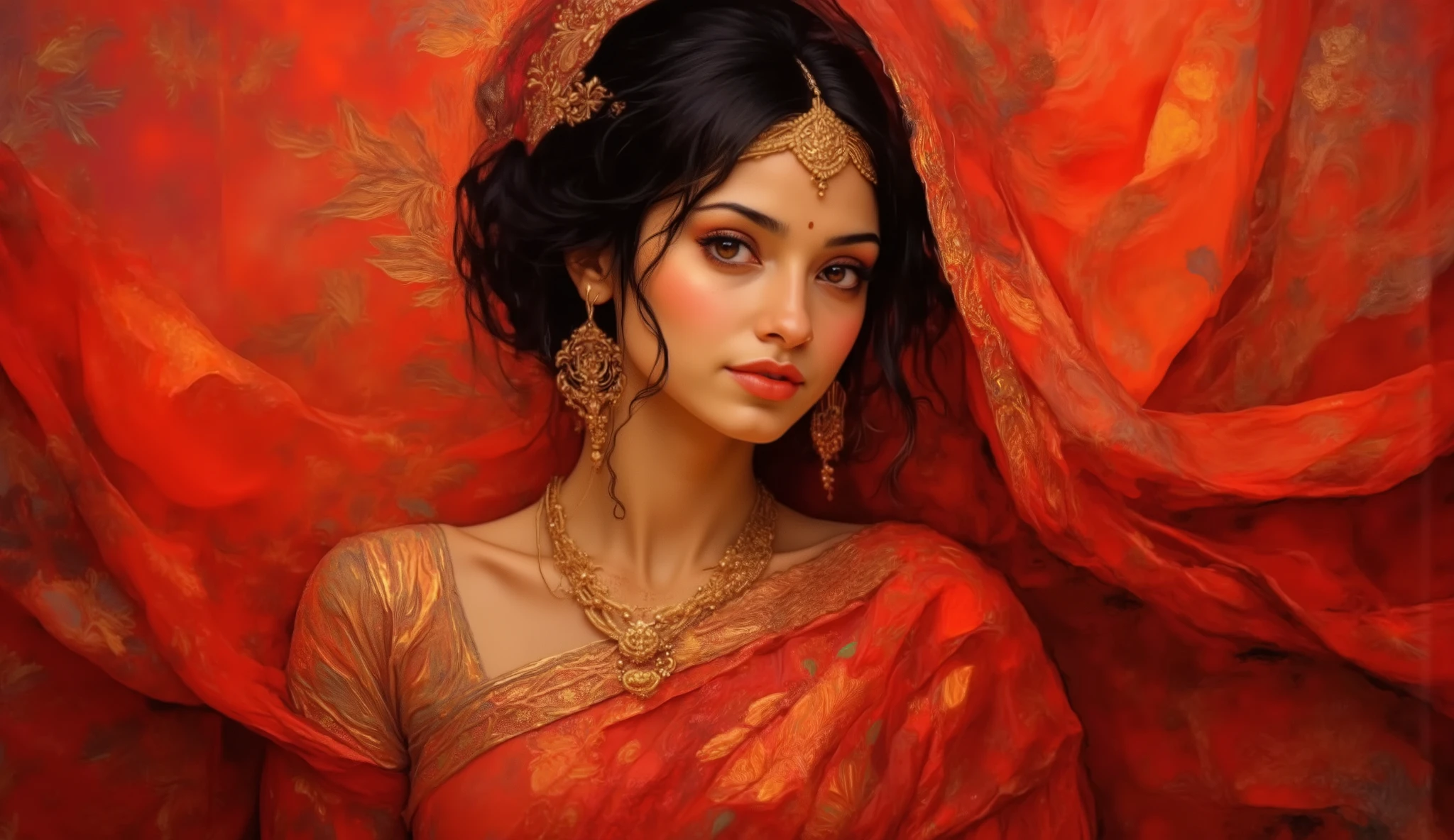 A digital illustration inspired by the vibrant Indian cultural aesthetic of the 21st century, featuring a beautiful Indian woman wearing a red Bandhani saree with intricate golden embroidery. The fabric spreads across the canvas, showcasing the embroidered pattern. The woman’s face exudes serenity, with a subtle smile, glowing skin, and soft eyes. The lighting is warm with a slight glow, giving the image a peaceful atmosphere. --v 5 --stylize 1000