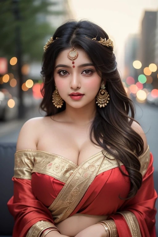 (((Desi Girl))), mature face, natural skin, Wearing a hot deep neck top and dupatta., Attractive black hair, ((The ends of my hair are blonde)), city street background, bokeh,whole body, big breasts