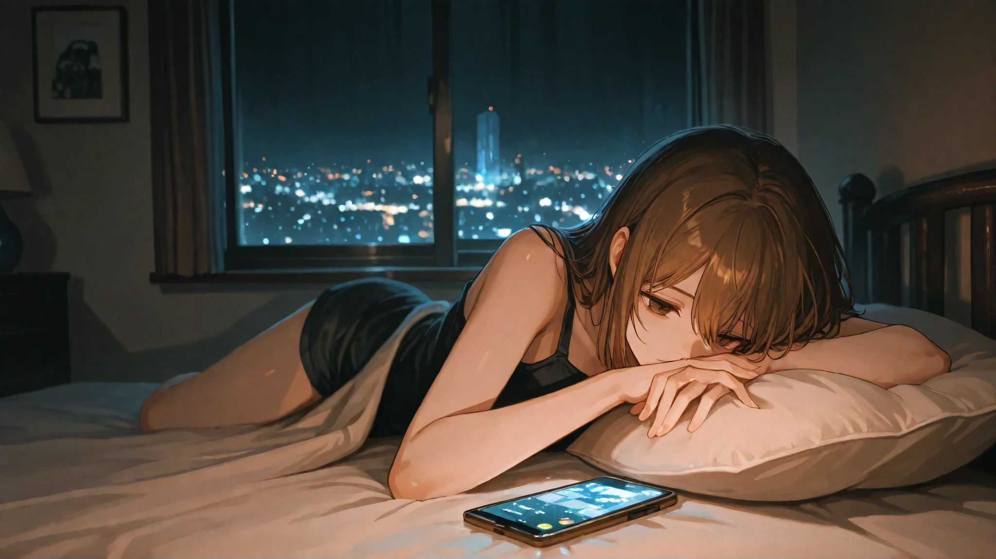 A dimly lit apartment bedroom at night. Emma sits on the edge of her bed, her posture slightly hunched, her phone resting in her hands. The glow from the screen reflects in her deep brown eyes, which appear distant and conflicted. Her chestnut brown hair falls loosely over her shoulders, slightly messy from restless thoughts. Outside the window, city lights blur against the glass, creating a quiet but heavy atmosphere. The room is still, filled with an unshakable tension lingering in the air.
