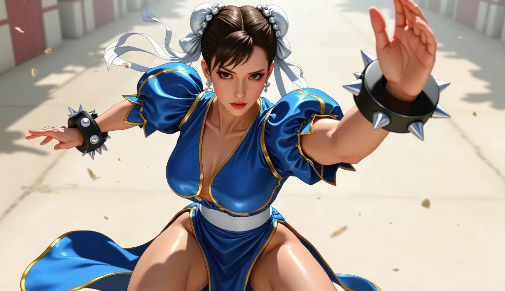 《Street Fight II》ChunLi,Perfect ChunLi Costume,Blue and gold cheongsam,Bunhead,Good cover,Combat Stance,High kick,kick、Please put your feet up,masterpiece、1 beautiful girl、Beautiful Eyes、Puffy eyes、Highest quality, 超High resolution, (reality: 1.4), Light、so beautiful、Beautiful Skin、Turn your body forward、(Hyper-Reality)、(High resolution)、(8k)、(Very detailed)、(Beautiful Eyes)、(Very detailed)、 (wall-)、Delicate face、Bright Light Line、Professional Lighting、Looking at the audience、direct view、Tilted stone sculpture, Highest quality, masterpiece, Highest quality, Perfect Face, Perfect brown eyes with white sclera, Bad Move - 5, , 1 girl, Upper Body, Brown Hair, From SF2, Chinese Language Services, smile, Muscular Woman, Blue clothes, pantyhose, Pelvic Curtain, Short sleeve, Good cover, sash, evaluate,Kick it up.