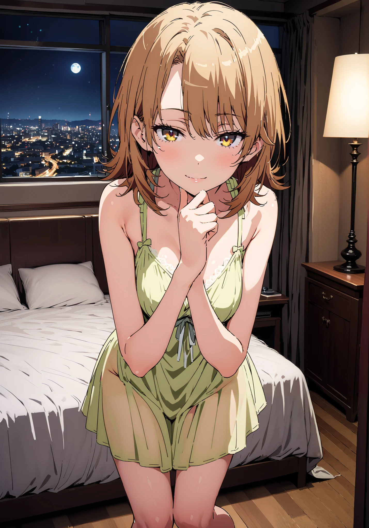 Irohaisshiki, Isshiki Iroha , short hair, black cock, brown eyes,narrow your eyes,Medium breast,seductive smile,cover,close your mouth,Yellow see-through nightgown, sleeveless,yellow string panties, Bare legs,bed,Interior,moon,mysterious, beautiful night view with depth,Beautiful cityscape,full bodyがイラストに入るように,break indoors, bedroom,
break looking at viewer,full body,
break (masterpiece:1.2),best quality , kampala, Unity 8K Wallpaper ,(shape:0.8),( fine, beautiful eyes :1.6),It's a person ,full body写真,CG Details , (perfect hands,complete anatomy),