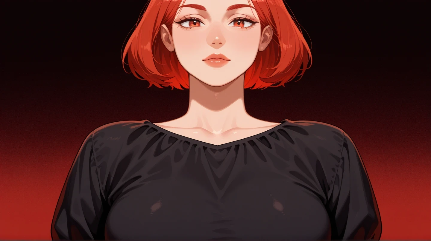 Milf, red short hair, big bobbies, black dress, black red background , front view, close up , safe to work content