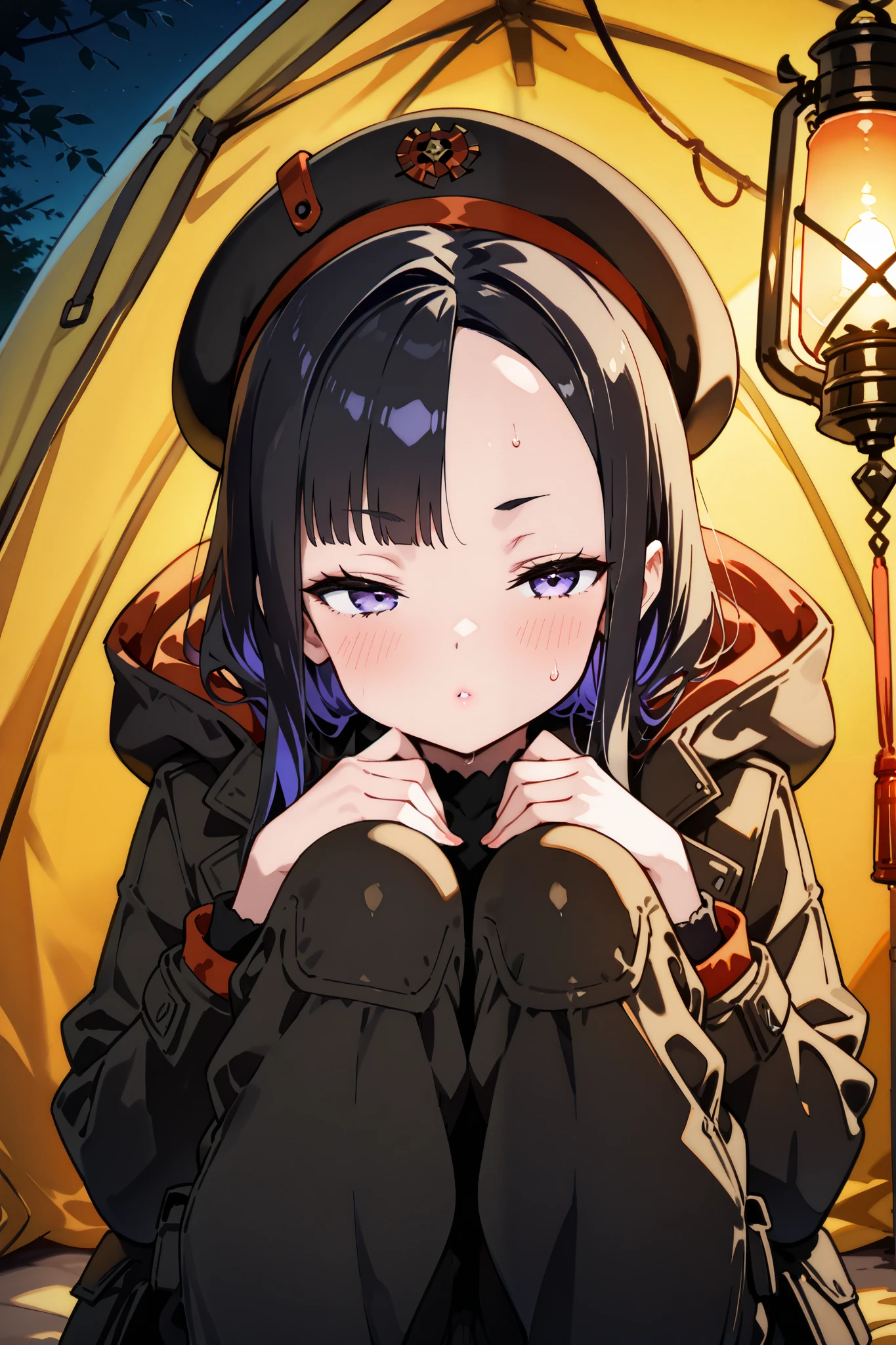 {Highest quality}, {so beautiful}, {Very detailed,beautiful face:1.4}, {Best illustrations},Alone,Eunhwa_nod,std_outfit,skinny,jacket、beret、 cargo pants ,A beautiful woman with a sharp edge、（cover、half closed eyes,Small, glossy lips,excited、sweat）、Sit next to、knees up,knees hold,(face up、face focus:1.2)、side view、night、Inside the tent、Lantern light