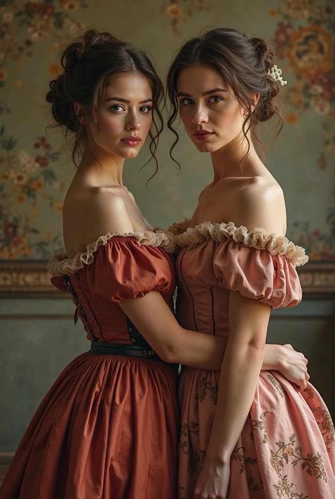 (a closeup of a, Editorial photo: Two girls in vintage dresses kissing on the sidewalk), (Serious:0.5) (Highly detailed face:1.4), ass pov, Nikon D850, film stock photograph ,4 Kodak Portra 400 ,camera f1.6 lens ,saturated colors ,hyper realistic ,lifelike texture, dramatic lighting , Cinestill 800, 19th-century Victorian style