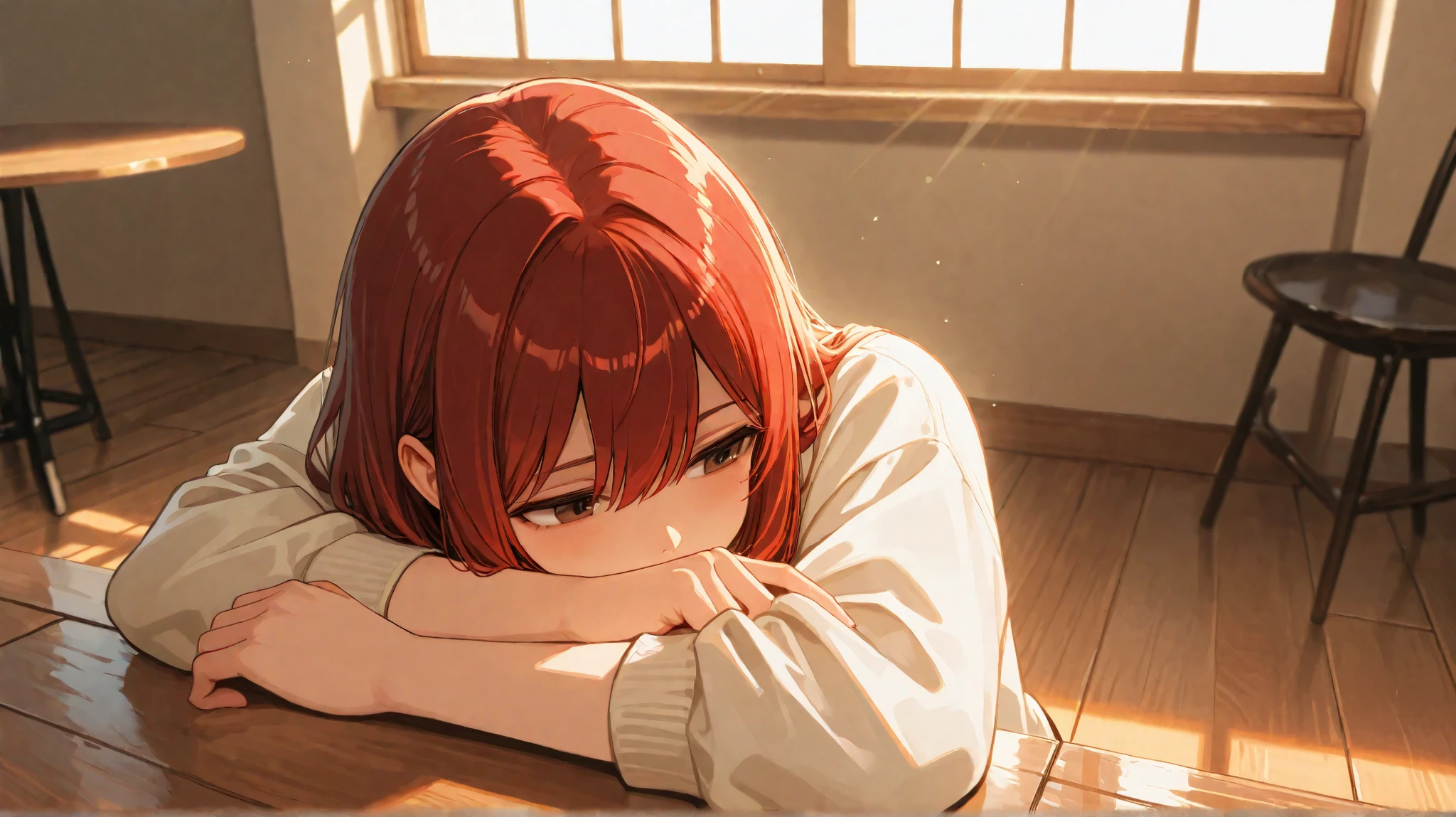 A lively café bathed in warm afternoon light. Emma sits at a small round table across from Megan Harper, a confident woman with striking red hair. Megan leans forward slightly, her expression animated as she gestures with one hand. Emma listens attentively, her deep brown eyes reflecting curiosity. Sunlight filters through the large windows, casting soft shadows on the wooden floor. The café is bustling with movement, yet their conversation feels like its own world, untouched by the noise around them.
