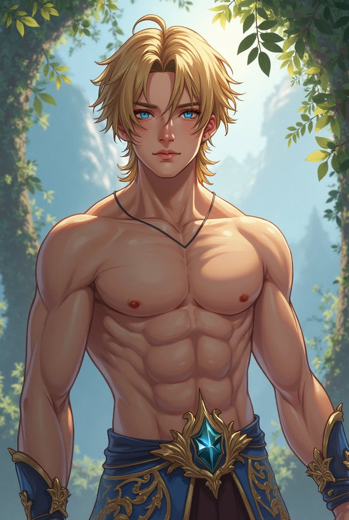 (Award Winning Digital Artwork:1.3) of (Ultra detailed:1.3) 1boy, leaning, seducing, blue eyes, blond hair, beautiful forest, shirtless,handsome, straps, gorgeous,CGSociety,ArtStation