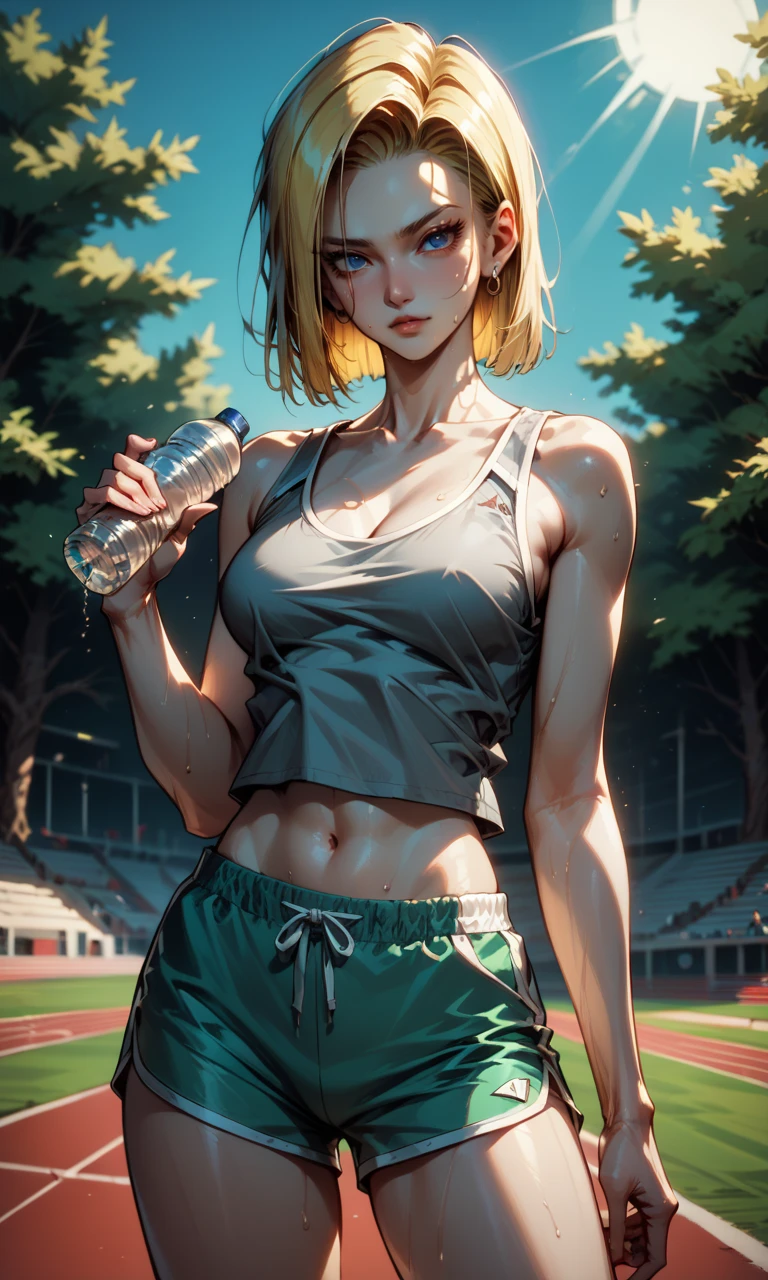((((masterpiece, best quality, high resolution)))), Extremely detailed 8K, 1 female, wearing a white crop top and black gym shorts, (Ultra HD, Ultra-detailed, Highly detailed, Highly realistic, Ultra-realistic, photograph realistic), (1girl:1.5), (Realistic green short hair), (dynamic poses), facing at camera, looking at viewer, (a smiling face), (regular hazel eyes, sharp eyes), (perky breasts:1.2), (beautiful detailed face, beautiful detailed eyes), ((slightly sweating)), (preparing for a workout), sweat, glow, (sunbeam, sunlight), ((cowboy shot)), gym background, seductive, EnvyBetterHands LoCon,