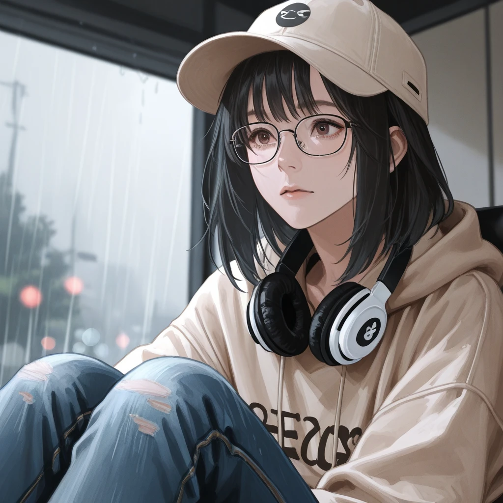 There is a woman sitting cross-legged on the floor...., Wearing glasses, Wearing glasses on, Japanese Model, Wearing glassesいた, A surreal , Wearing square glasses, Without glasses, A real young gravure idol, Geeky look, Wearing glassesいる, Young and sexy gravure idol, surreal , Yoshitomo Nara, White hoodie, Read comics,Denim pants, I like manga,Mole under the left eye,Cute Freckles,barefoot,Facing forward,Watching the audience,Japanese-style house,Face Front,