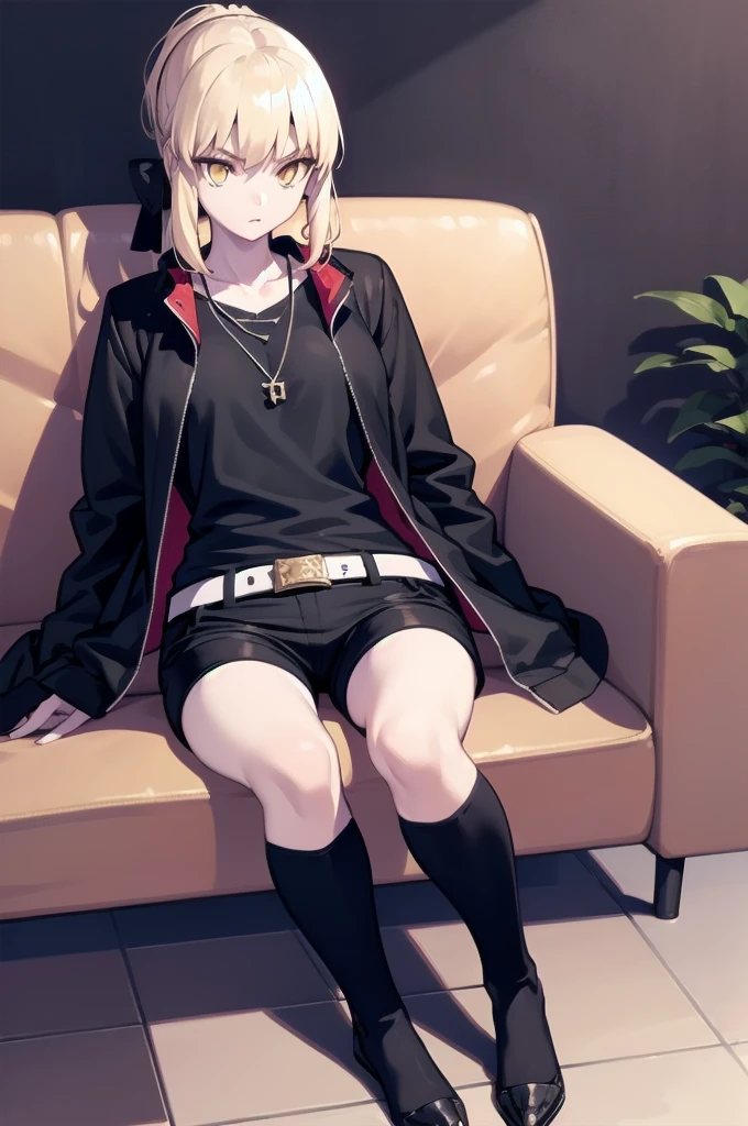 masterpiece,best quality, 1girl, solo,blonde hair,yellow eyes,sabaltblack, long hair, ponytail, hair ribbon, black jacket, black shirt, black shorts, short shorts, belt, jewelry, necklace,sitting ,on couch,can in hand