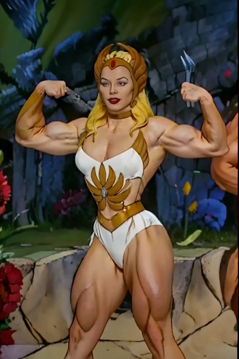 (Super Realistic), (Blonde Curly Hair), ((Busty Body)), ((Gigantic Boog Butt), (detailed description of hair), (detailed description of face), (detailed description of body), (white and translucent skin), peerless beauty, (extreme beauty), (((Huge breasts))), ((long legs)), ((Female Bodybuilder)), ((((Muscular Legs)))), ((((Huge Muscles)))), (((accurate anatomy))), beauty spot, (mature royal sister), (red lips), (touch tits), (shy), (seductive smile) , facing the audience, show the full body, only 1 person, wear tank top and hot pants, in the market