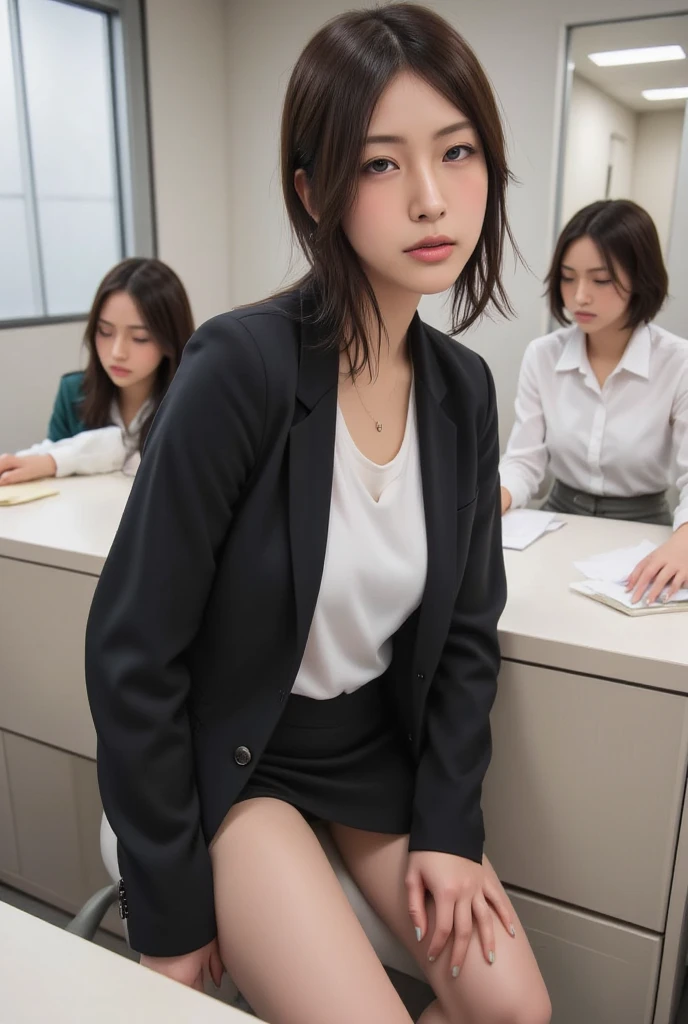 8K, RAW Portrait (Japanese women),masterpiece、Photorealistic:1.2、Realistic, Ultra-high resolution, Highest quality, Real Life Photos , ((((1 female:1.5)))), (Cute face:1.3)、Japanese women,((office lady))、((本物のoffice lady))、((business art:1.6))、 Short Hairstyles,Slender body,、In the room, beautiful, beautiful目, Black Hair,(Written boundary depth:1.3)、 ((Dark brown eyes:1.2))、(Realistic skin texture:1.3)、(Immersive atmosphere:0.8、Chiaroscuro:1.2) 、(Look Viewer:1.4)、((Embarrassed look:1.4))、((Red cheeks:1.3))、((From belowの天井:1.2))、(smile:0.7)、((shot))、((A woman rolling up her skirt))、((From below:1.48))、((Crotch close-up:1.52))、((Pictures that emphasize pussy))、((Spread your legs out to the side:1.4))、Real Pussy