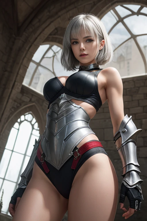 (( (tmasterpiece),(Very detailed CG unity 8k wallpaper),(Bust:1.5), beste-Qualit,Cinmatic Lighting,photorealestic, detailled background,beautiful detail eyes,bright pupils,(extremely fine and beautiful),(beautiful and detailed eye description),Ultra Detailed,tmasterpiece,hight resolution)), ((Dressed in insanely sexy bikini armor:1.4)), Rose Gold Armor, ornate armor, Beautiful warrior woman, short-hair, platinum blonde hair, Breast cleavage, pregnant, big breastes