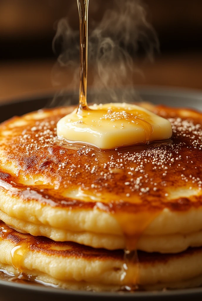 A mouth-watering, drool-worthy pancake, perfectly golden brown and fluffy, with a slight crispness around the edges. A pool of melted butter glistens on top, and a drizzle of golden maple syrup cascades over it, creating a tantalizing visual symphony of textures. The steam rising from the warm pancake adds a touch of magic to the scene. Captured in a professional, high-quality photograph with a soft, warm light source, the image evokes a sense of pure comfort and indulgence, making it an irresistible visual feast for the eyes and an invitation to savor the sweet goodness