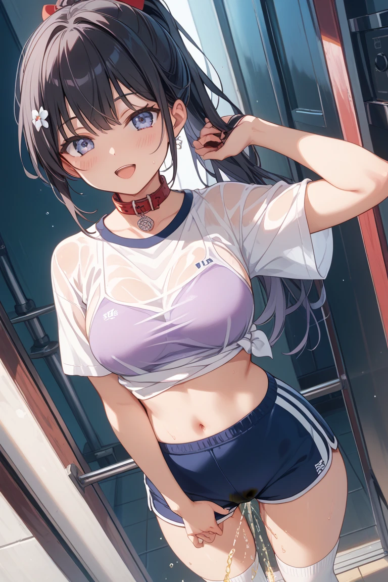 1 female,black hair,(()),(((White and blue short sleeve gym clothes and shorts)))(((blush、open mouth smile)),(((Yuki Mikan))),crowd(baby girl bohape)(((small breasts)))sexy pose,((wet with sweat))outdoor playground