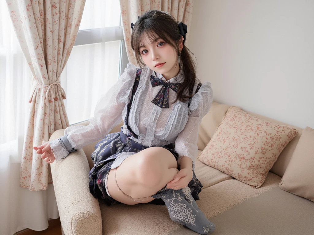 4K, masterpiece, 8K, high quality, 最high quality,10歳のcute少等生, Very white skin, Long brown hair，a bit，Low length，freckles，Thin eyebrows，Straight bangs，(Flat Chest) ，feminine, freckles, Tilt, elegant, elegant, cute, smile, cute, Hilarious, belly button, Denim Low Rise Mini Skirt, ((Black knee socks)), (Ugly clothes)、((Gray background))