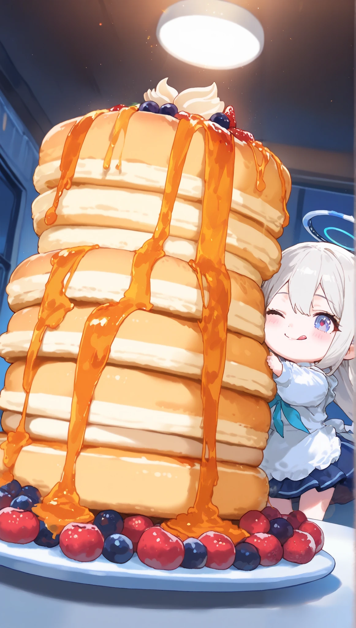illustration , dramatic lighting , masterpiece , best quality , ultra-detailed , chibi style, comical depiction a girl suprised by gigantic pancakes .very cute small girl, The character smiles brightly licking her lips to catch the maple syrup , body covered in maple syrup,both hands holding utensils, kitchen table , her pose cute and bubbly . tall and woman, big breast, colorful lighting, full of pancakes and berries, the setting is very bright and colorful, sunset lights, lensflare, pancake day. (dramatic cowboy shot), (fisheye lens view)
