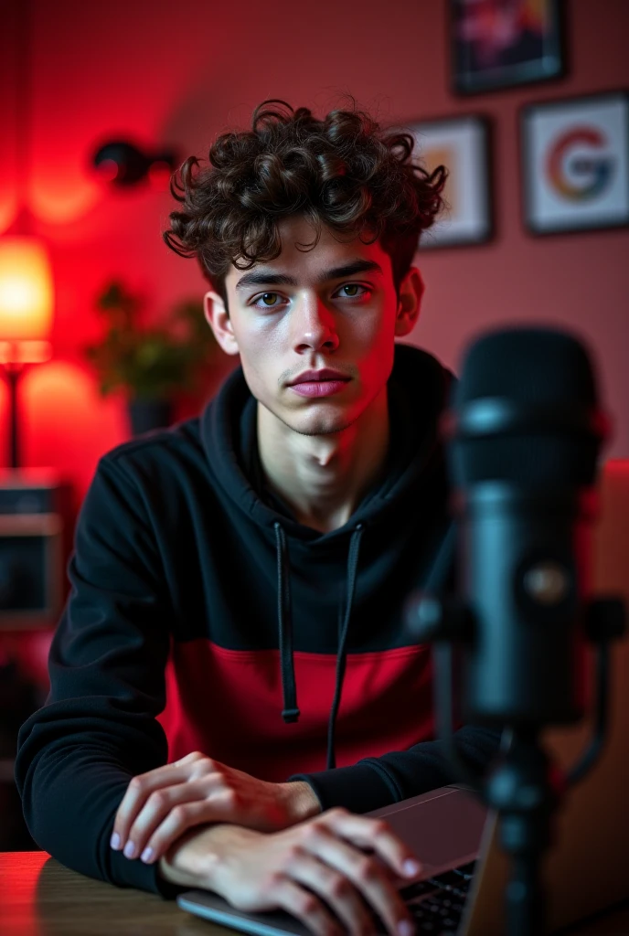 A 20 Year boy sitting on a chair in his studio front of camera, in front of which is a table with a mic on it.