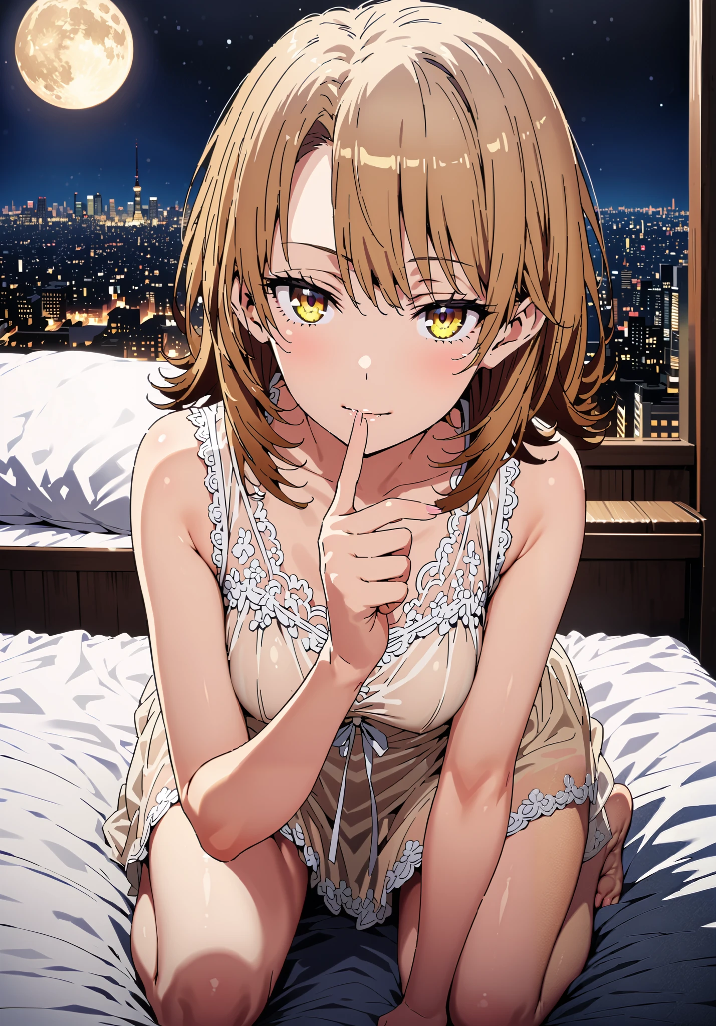 Irohaisshiki, Isshiki Iroha , short hair, black cock, brown eyes,narrow your eyes,Medium breast,seductive smile,cover,close your mouth,Yellow see-through nightgown, sleeveless,yellow string panties, Bare legs,bed,Interior,moon,mysterious, beautiful night view with depth,Beautiful cityscape,full bodyがillustrationに入るように,break indoors, bedroom,
break looking at viewer,full body,
break (masterpiece:1.2), best quality, high resolution, Unity 8K Wallpaper , (illustration:0.8), (Beautiful Detailed Eyes:1.6), Highly detailed faces, perfect lighting, extremely detailed CG, (perfect hand, perfect anatomy),