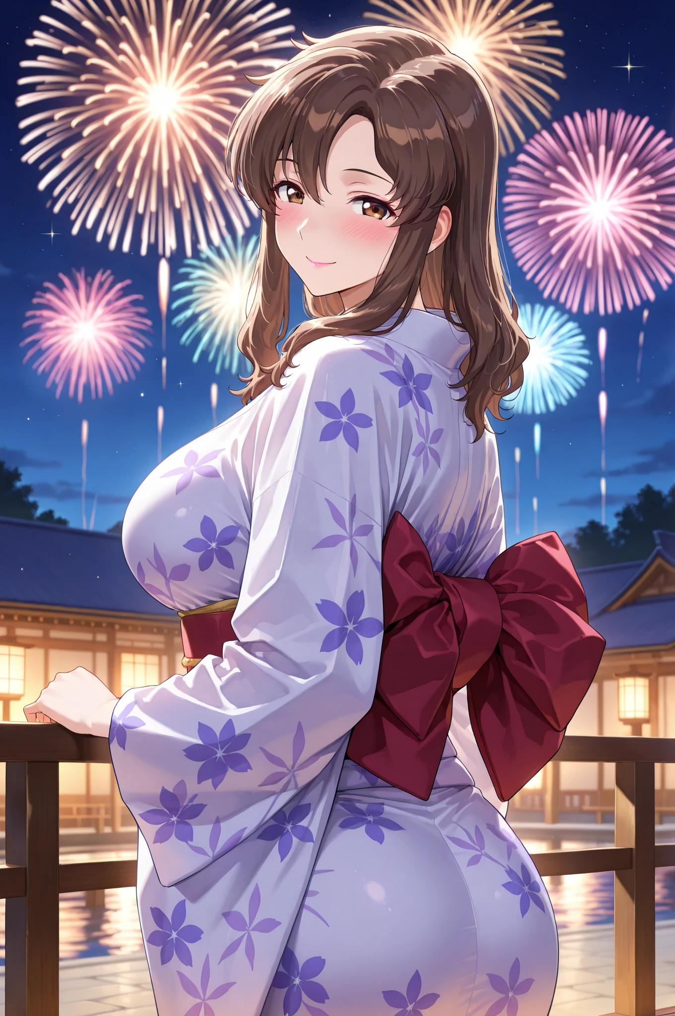 Gao Jiejie,Highest quality,Detailed Background,night,Outdoor,firework,1 Girl,Red eyes,smile,Long twin tails,Brown Hair,Eyebrows visible through hair,Flat Chest,Blue yukata,Cleavage,Nipples,upper body,1boy,penis,(hetero),paizuri under clothes,breast in 1penis