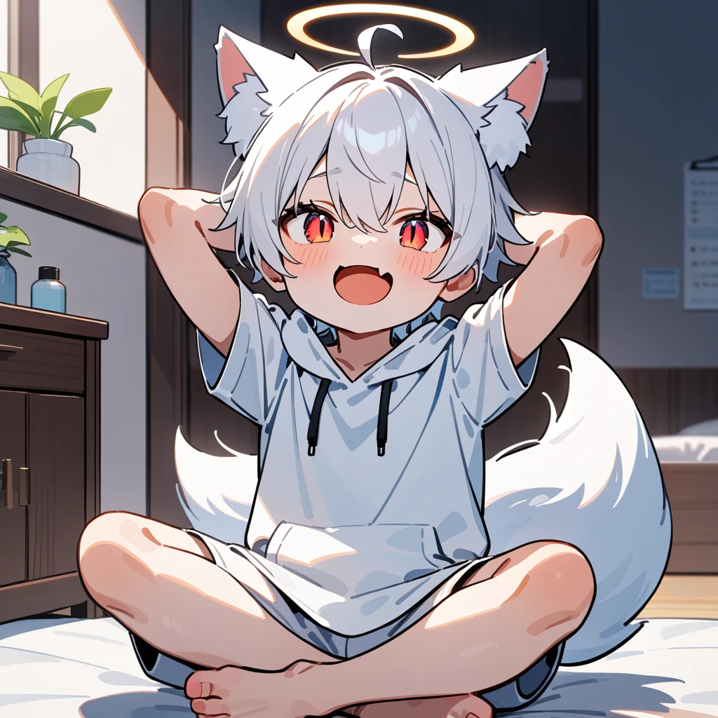 （masterpiece：1.2，high quality），8K，High resolution，A seven-year-old boy，cute boy，white hair，short hair，purple eyes，one eye closed，heart ahoge，cat ears，Halo，open mouth，laughing，fang out，Sitting on the bad，White bathrobe，(Black socks：1.6），primary school student，thigh，alone