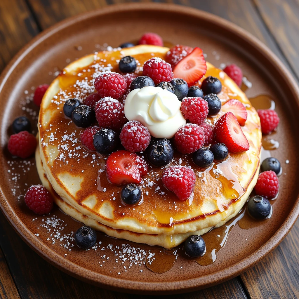A high-angle, food photography style image of a single, large pancake on a rustic wooden plate. The pancake is golden brown with a slight char, indicating it was cooked on a griddle. It's topped with a medley of fresh berries: plump blueberries, juicy raspberries, and sliced strawberries. A dollop of whipped cream sits atop the berries, adding a touch of elegance. A drizzle of honey meanders across the pancake, adding a touch of sweetness. The image is brightly lit, showcasing the vibrant colors and textures of the pancake and its toppings