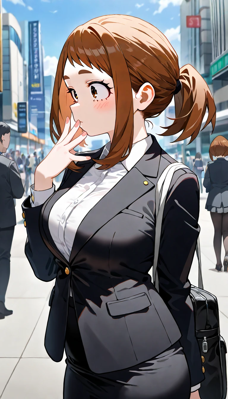 big breasts business suit walk public