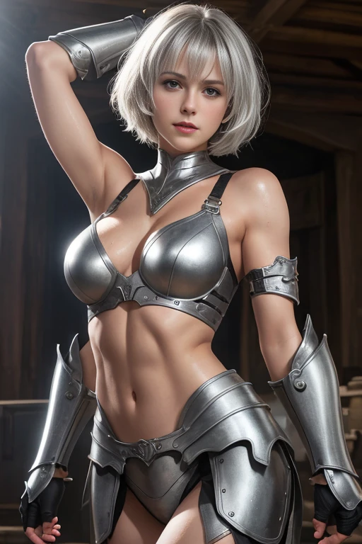 (((ultra-detailed))), ((full body wide shot)), ((15years old ultra very beautiful Petite girl)), ((very beautiful cute face)), Round eyes, open mouth, ponytail brown very very short hair, ((hand on crotch)), ((perfect anatomy body)), (toned body and abs), ((beautiful big breasts)), beautiful small ass, beautiful female constriction, oil skin, ((see through)), silver micro bikini armor, (((masterpiece))), (((photo quality))), (((realistic)))