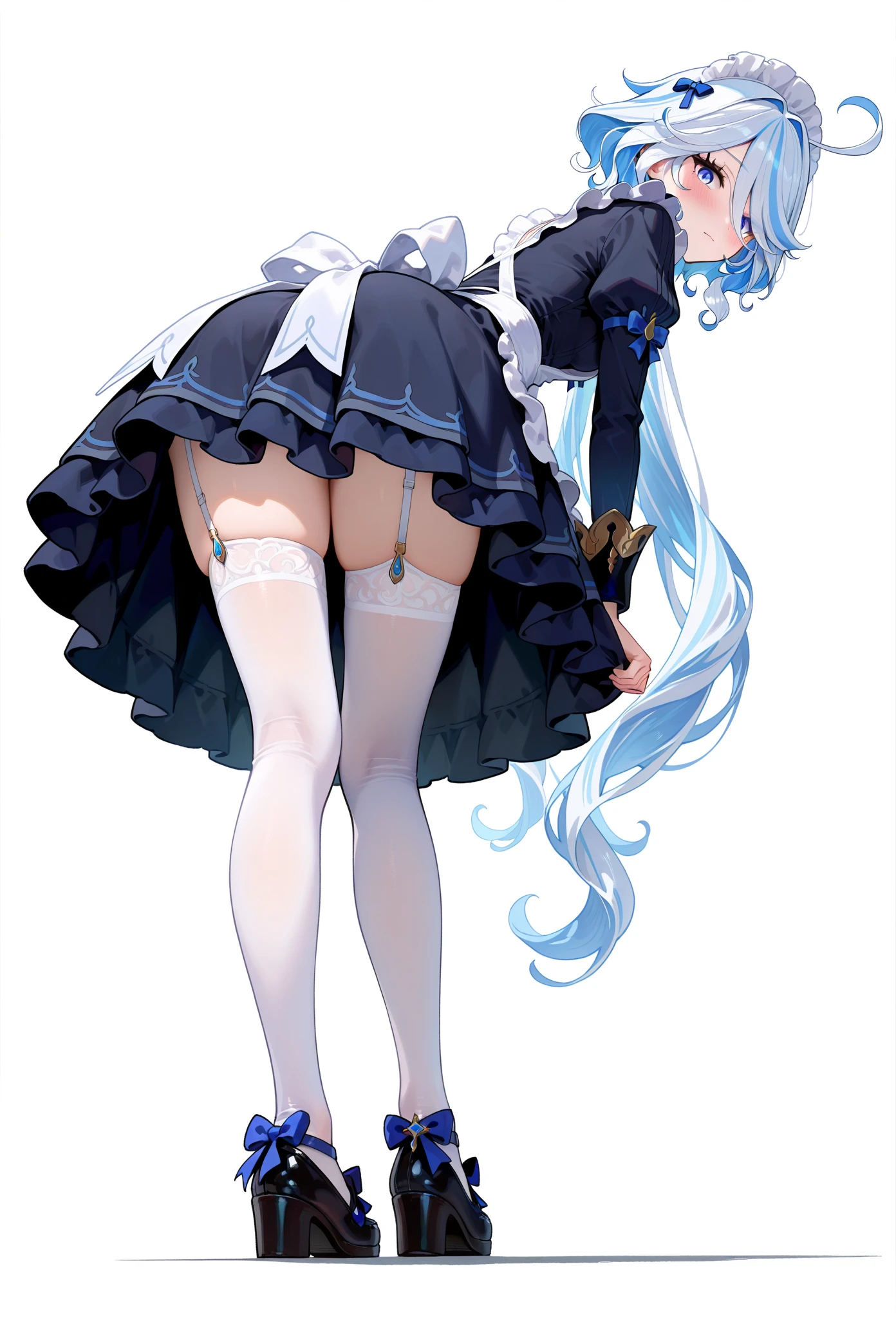 (One lady)、(masterpiece)、(best qualtiy)、(ultra-detailliert)、(a high chroma)、(CG Illustration)、((low angles))、18 year old beautiful schoolgirl、Delicate beautiful face、(red blush)、(A dark-haired)、(dishevled hair)、(Anime-style eyes)、((White plain clothes))、See-through clothes:1.3、((Thick black tights))、(Translucent panties)、(Dark blue pleated skirt)、(teats)、B cup breasts、((turned around))、The best lighting、simple background