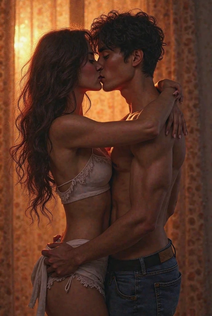 Young boy wearing jeans and sexy woman wearing a skimpy off shoulder saree showing long shapely legs kissing and making out passionately near a window, natural lighting, sexy, hot, lustful, full shot