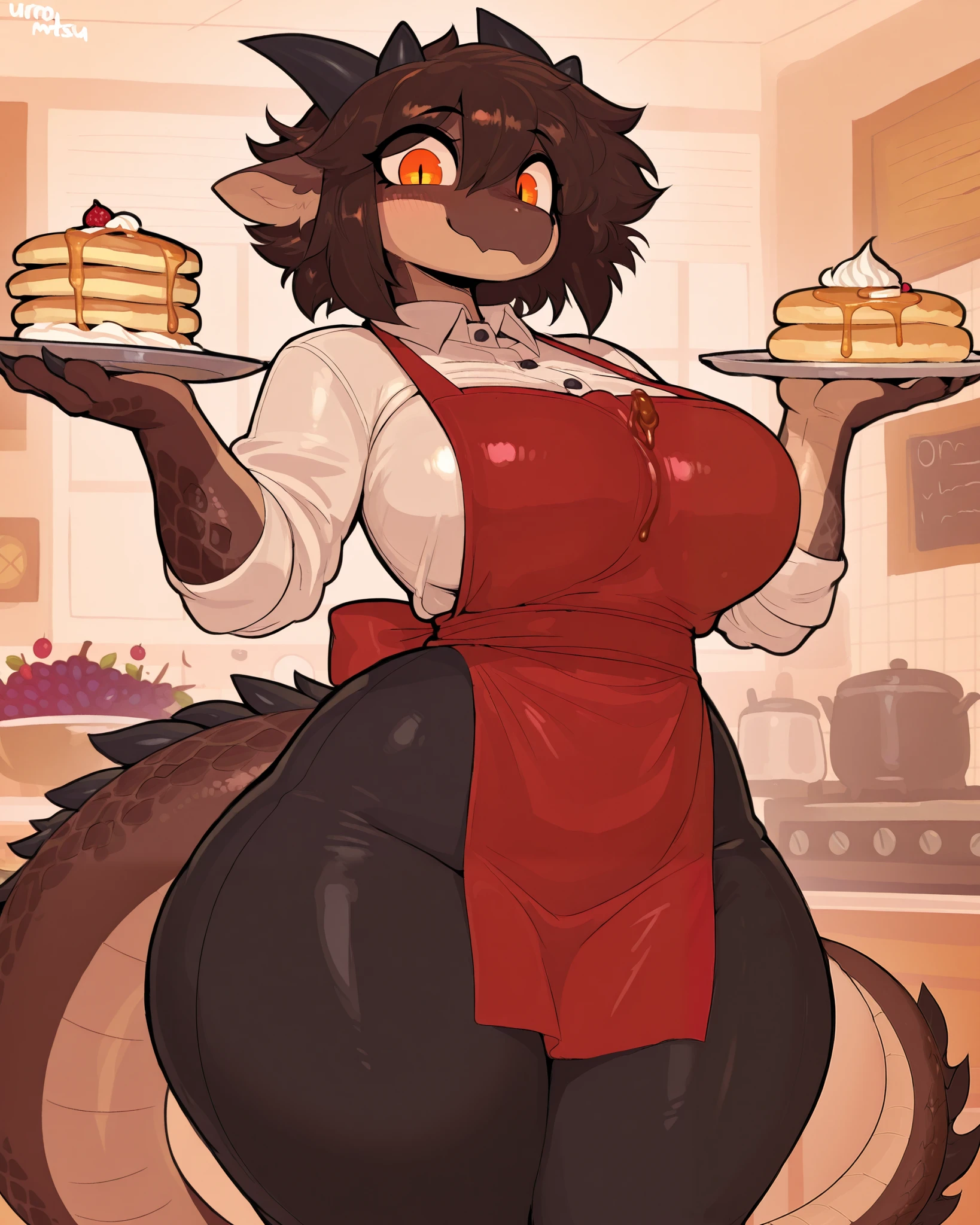 ((solo)), (masterpiece, best quality:1.2), high quality, highres, absurdres, by uromatsu, very detailed eyes, dragon eyes, dilated pupils, detailed scales, anthropomorphic, anthro, anthro dragon, female dragon, long dragon tail, brown scales, tan underbelly, short fluffy hair, brown hair, dull claws, draconic appearance, small horns, black horns, orange eyes, curvy, large breasts, wide hips, thick thighs, white button up shirt, black dress pants, red apron, holding pancakes, (pancake toppings: syrup, berries, whipped cream), serving viewer pancakes, happy expression,