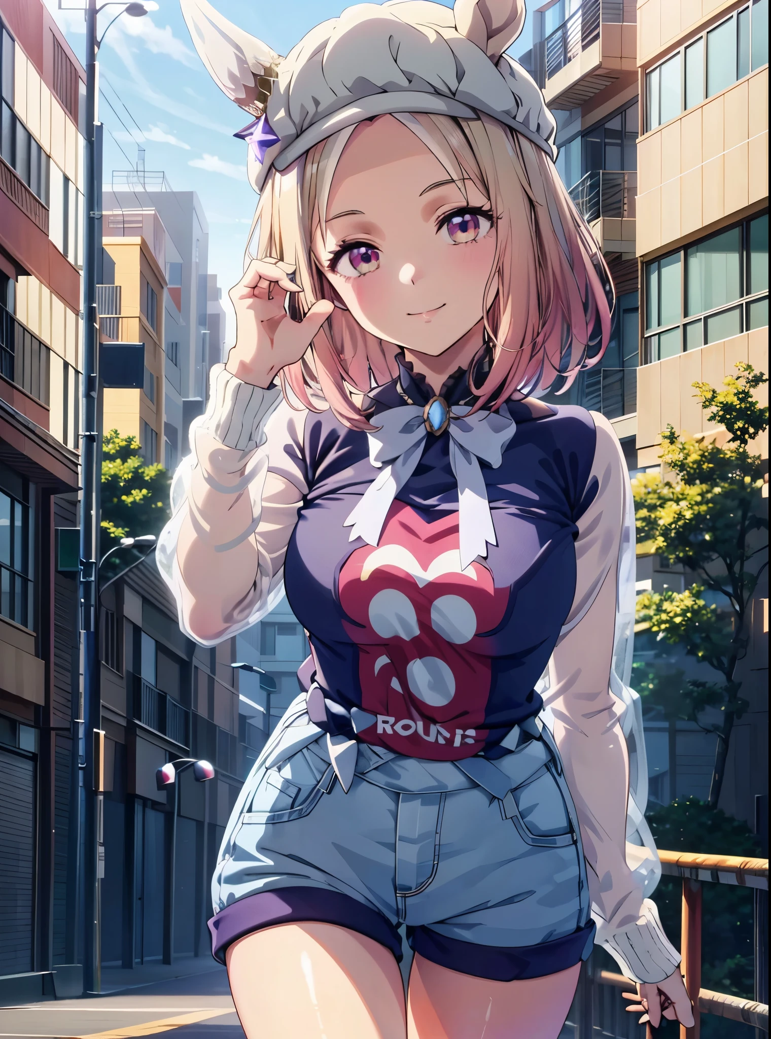  Narita Top Road  \(Uma Musume\), 1 girl, Alone, anime style，cute girl,Best Quality, super detailed, anime style，8k, high resolution, detailed face, Upgraded images of characters，looking here，（（smiling with eyes closed）），I'm dyeing my cheeks a little red，（In front of the building），（hangs against the wall），Evening sunshine ，（（Pink long sleeve shirt）），（（light blue micro mini denim shorts）），Black baseball cap，Above the thighs image，（smooth thighs），seen from an oblique front，（太ももからUpgraded images of characters）