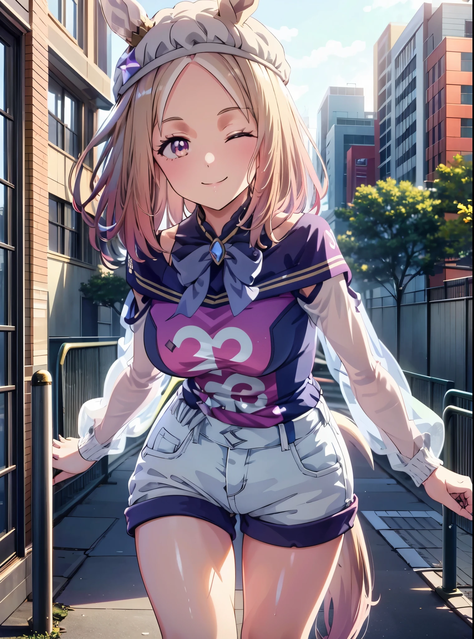 Narita Top Road \(Uma Musume\), 1 girl, Alone, anime style,cute girl,Best Quality, super detailed, anime style,8k, high resolution, detailed face, Upgraded images of characters,looking here,((smiling with eyes closed)),I'm dyeing my cheeks a little red,(In front of the building),(hangs against the wall),Evening sunshine ,((Pink long sleeve shirt)),((light blue micro mini denim shorts)),Black baseball cap,Above the thighs image,(smooth thighs),seen from an oblique front,(太ももからUpgraded images of characters)