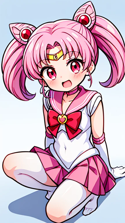 Sailor Moon,young年,,cute,(Little Loli),Pink hair twintails,short hair,Sailor Suit,Red bow,White elbow gloves,Red Skirt,No shoes,Open your mouth,laughing out loud,Fangs,(White pantyhose),soles of feet,Soles,(young),(little man),sit