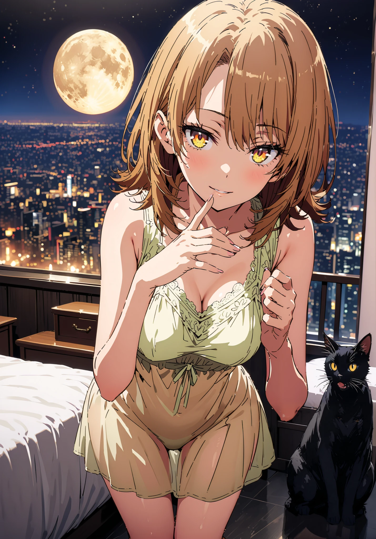 Irohaisshiki, Isshiki Iroha , short hair, black cock, brown eyes,narrow your eyes,Medium breast,seductive smile,cover,close your mouth,Yellow see-through nightgown, sleeveless,yellow string panties, Bare legs,standing, bet,Interior,moon,mysterious, beautiful night view with depth,Beautiful cityscape,full bodyがillustrationに入るように,break indoors, bedroom,
break looking at viewer,full body,
break (masterpiece:1.2), best quality, high resolution, Unity 8K Wallpaper , (illustration:0.8), (Beautiful Detailed Eyes:1.6), Highly detailed faces, perfect lighting, extremely detailed CG, (perfect hand, perfect anatomy),