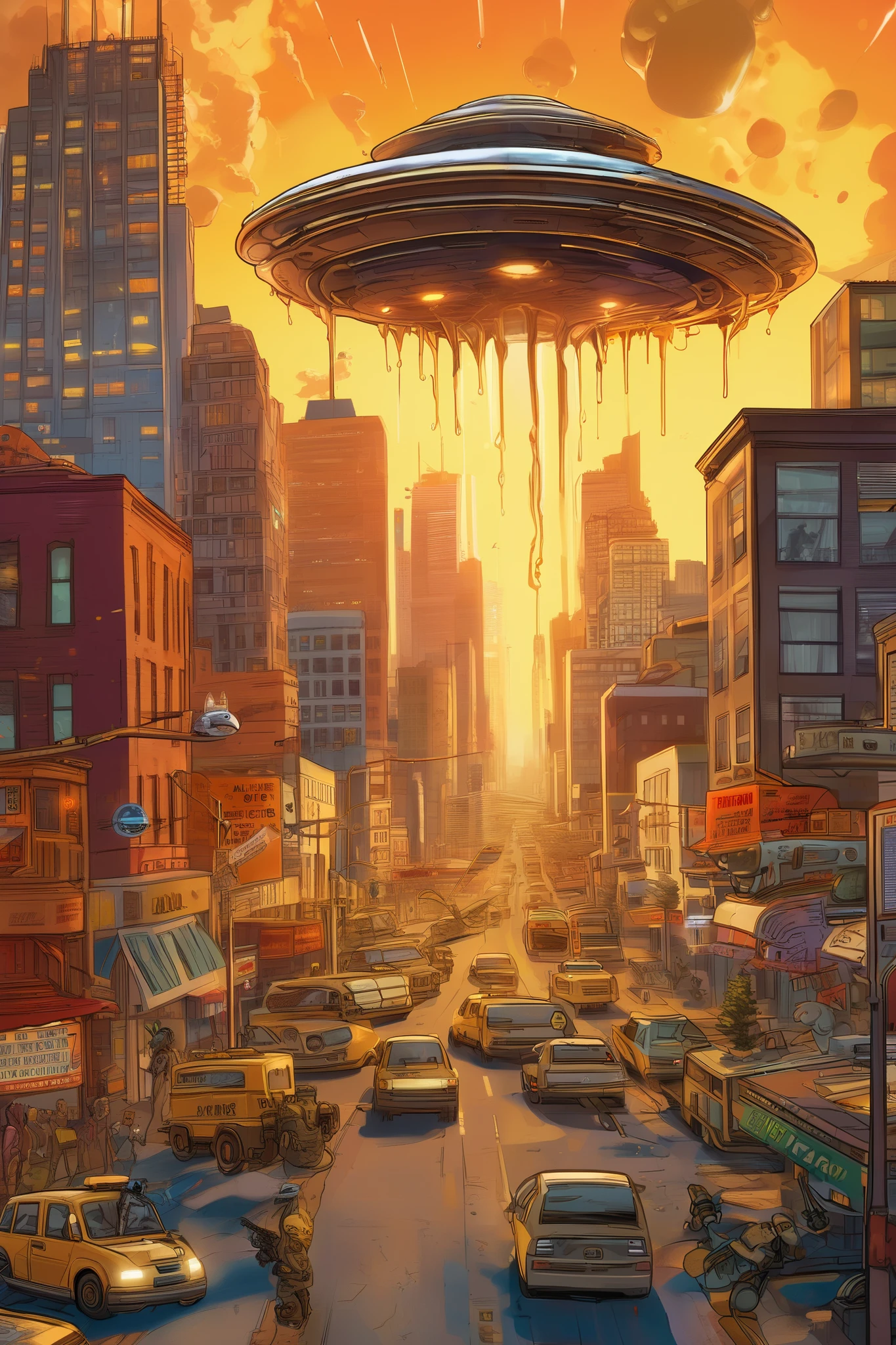 An alien invasion is underway—UFOs shaped like giant pancakes hover ominously over a shocked human city. Syrup drips slowly from their metallic undersides, sizzling as it hits the ground. Swarms of waffle drones buzz through the sky, shooting whipped cream beams and launching butter pats like bombs. Civilians flee as intergalactic breakfast overlords descend, demanding Earth's maple reserves. The skyline glows with a golden sunrise, blending horror and hilarity in this surreal, sci-fi breakfast apocalypse.