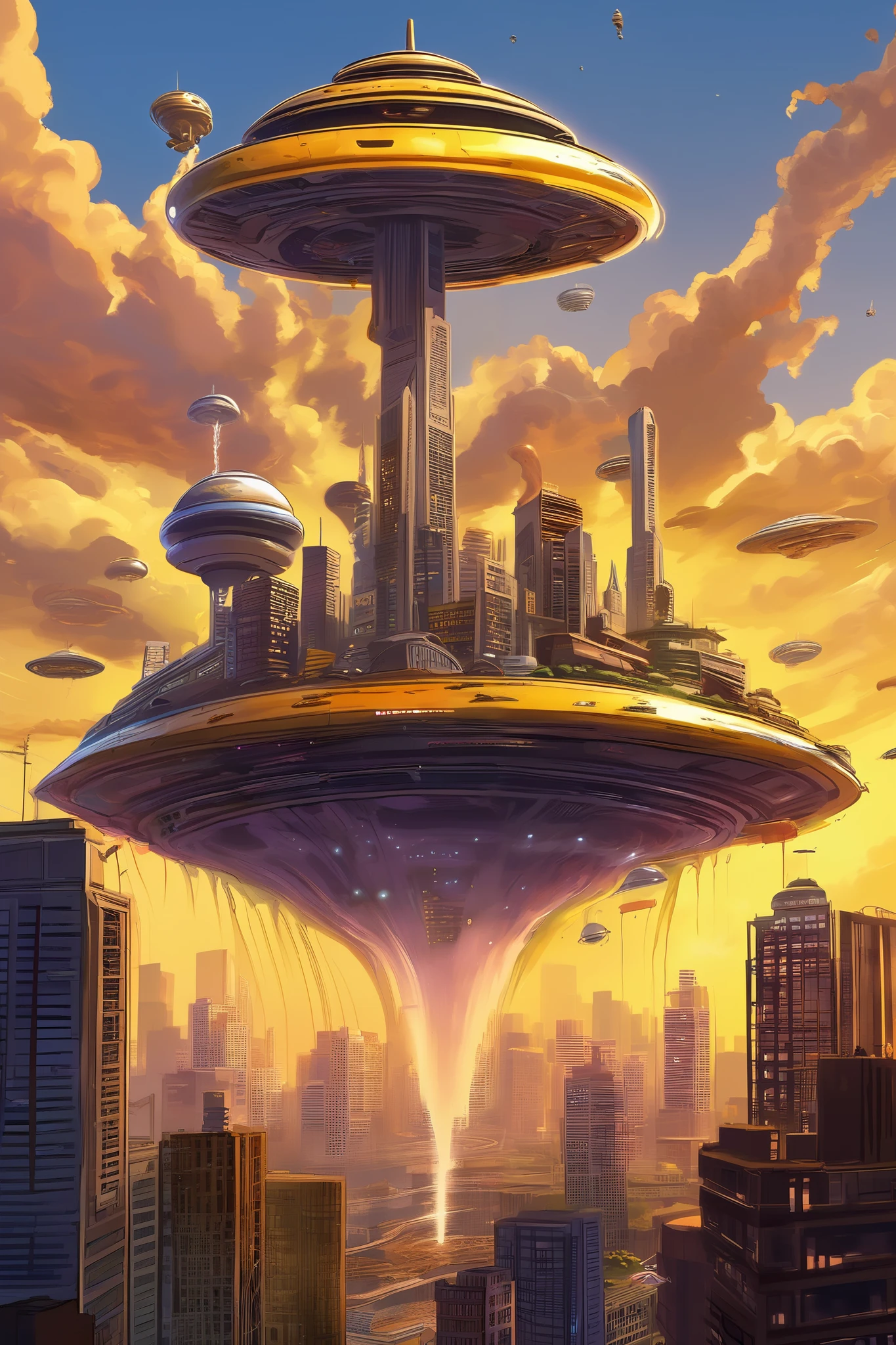 An alien invasion is underway—UFOs shaped like giant pancakes hover ominously over a shocked human city. Syrup drips slowly from their metallic undersides, sizzling as it hits the ground. Swarms of waffle drones buzz through the sky, shooting whipped cream beams and launching butter pats like bombs. Civilians flee as intergalactic breakfast overlords descend, demanding Earth's maple reserves. The skyline glows with a golden sunrise, blending horror and hilarity in this surreal, sci-fi breakfast apocalypse.