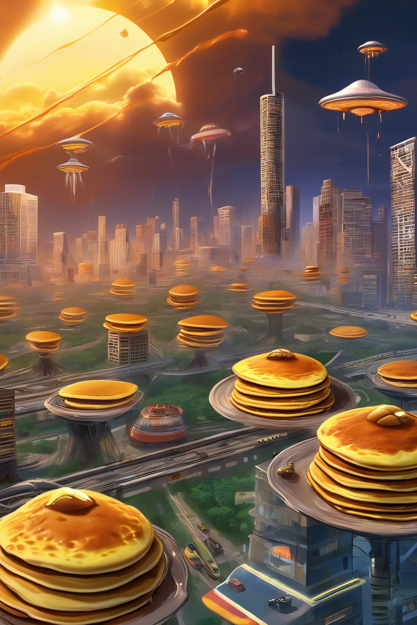 An alien invasion is underway—UFOs shaped like giant pancakes hover ominously over a shocked human city. Syrup drips slowly from their metallic undersides, sizzling as it hits the ground. Swarms of waffle drones buzz through the sky, shooting whipped cream beams and launching butter pats like bombs. Civilians flee as intergalactic breakfast overlords descend, demanding Earth's maple reserves. The skyline glows with a golden sunrise, blending horror and hilarity in this surreal, sci-fi breakfast apocalypse.
