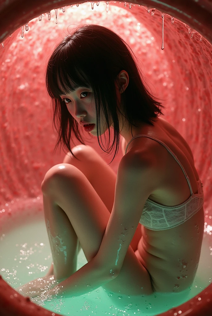 ultra-detailliert、masterpiece、top-quality、超A high resolution、8K high image quality、Photogenic clarity、fullnude,inside in room,bath room, perfect anatomy body proportions、girl,1girl in,breasts,Nipples,Bath,natta,deep in the night,The dim,Articulated lighting、Pink Neon、a large amount of foam