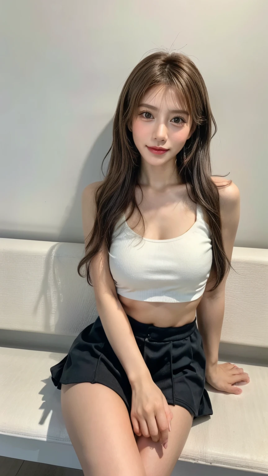 Ulzan-6500-V1.1, ( realistic :1.4), girl、美しい詳細なgirl、 非常に詳細な目と顔をしたsmileの girlのシーン、 Show beautiful details 、Online Camera,(( best quality、8k、 masterpiece :1.3))、の girl , beautiful hair, Outdoor Shot、( Knitted mini skirt:1.2)、(Big Breasts:1.2)、smile、 Whip Body 、(thighs are thick )、I can see cute underwear、I'm wearing a tube top with an open chest、 Sit on a bench and open your legs 、