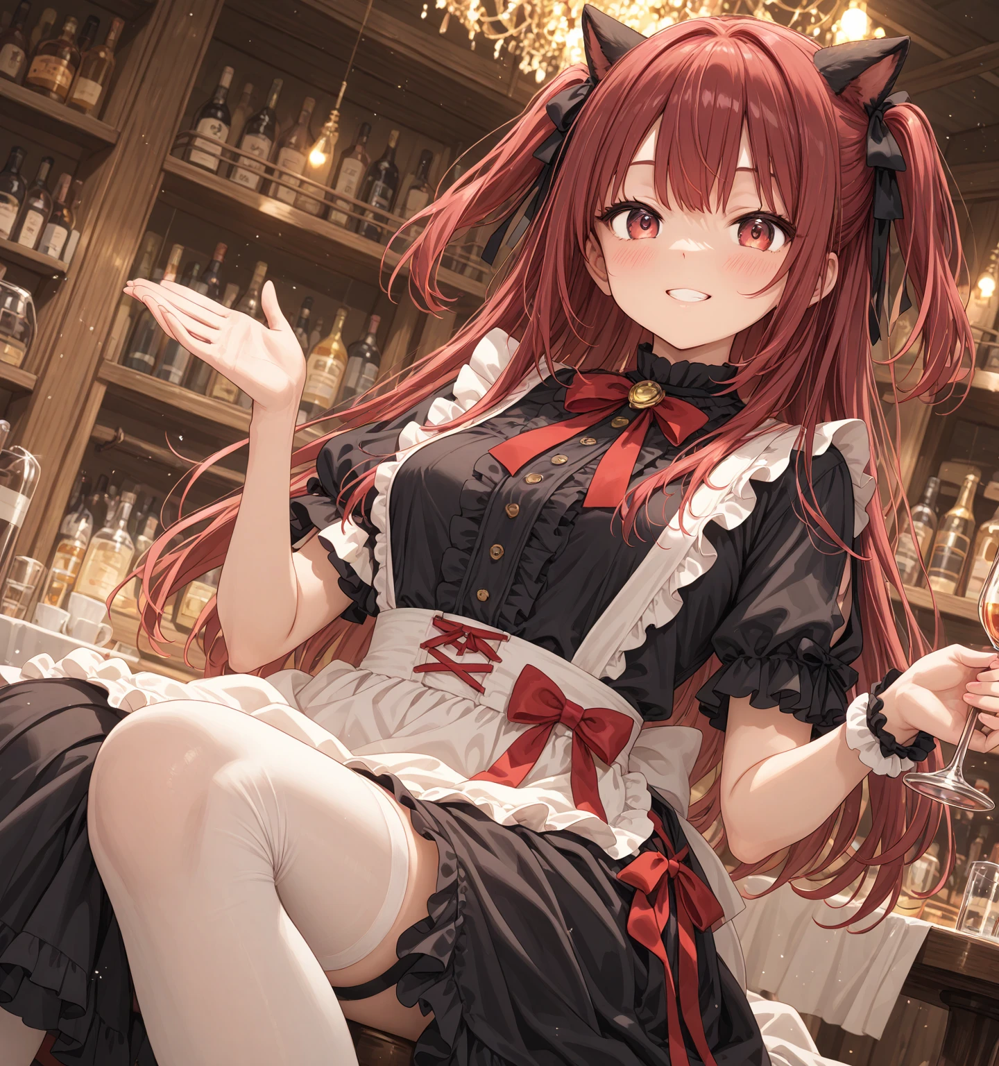 masterpiece, high quality,best quality,
<lora:ilulu-01:1>,fang, skin fang,ilulu \(maidragon\),
ilulu, 1girl, solo, looking at viewer, blush, smile, open mouth, shirt, thighhighs, dress,collarbone, short sleeves, :d, shoes, black thighhighs, black dress, black shirt, low twintails, red footwear,breasts,