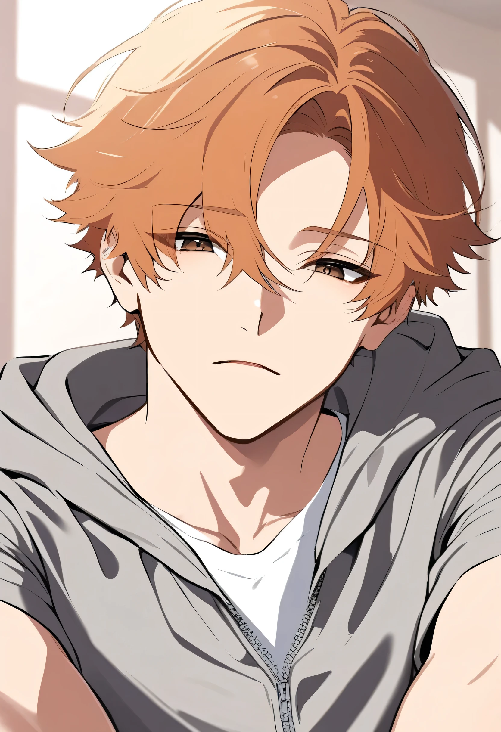Male + ginger hair + brown eyes + gray hoodie (unzipped) + white t-shirt + solo + face shot + adult + bedroom background