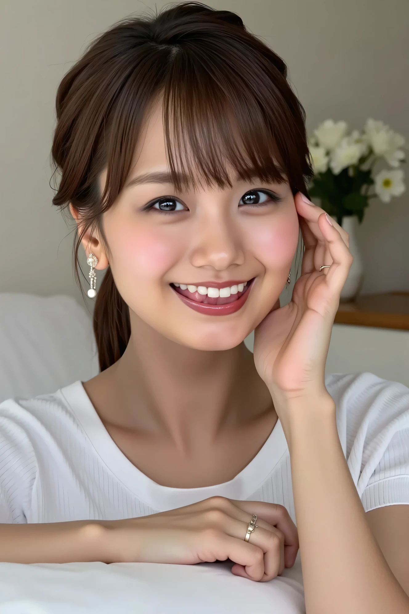 ((( High Resolution , top quality, very well detailed, masterpiece , highly detailed photos , realistic , Real people , Ultra precise skin ))) , , ( from the front ) , full body , Advance Shot , Viewer , ( giggle face ) , { wearing the sleeveless T-shirt and mini-skirt : 1.8 } , black hair , medium hair , medium breasts , { focus on the pubic area between the legs : 1.8 } , the dark hours of dawn , (( tuck hair behind the ear : 1.8)) , { nsfw , open legs ,squatting } , On the bed , (cool face , open mouth wide . stick out the tongue)